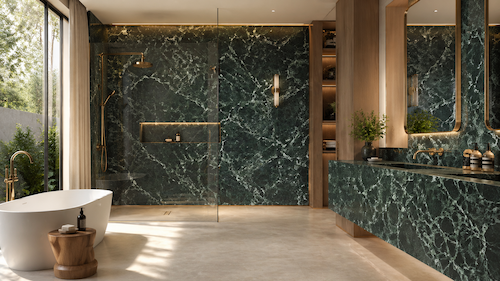 Laminam I Naturali Verde Alpi – elegancka łazienka z zielonym spiekiem kwarcowym imitującym marmur na ścianie prysznicowej i zabudowie umywalkowej